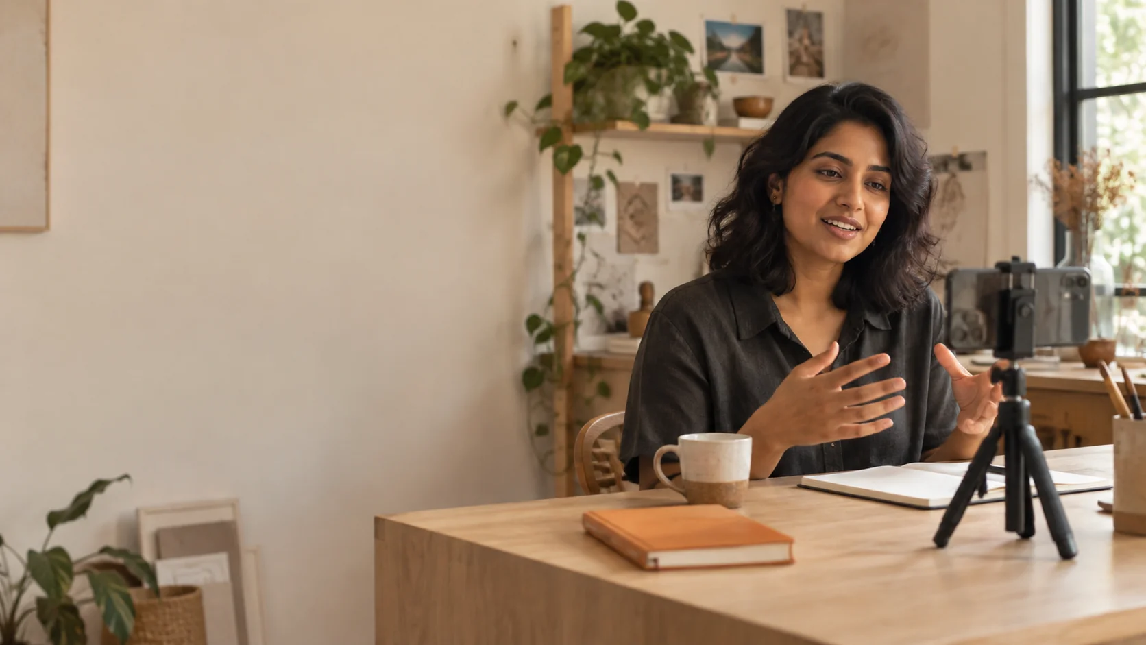Illustrative photo of a business owner recording a video at her desk with a phone on a small tripod