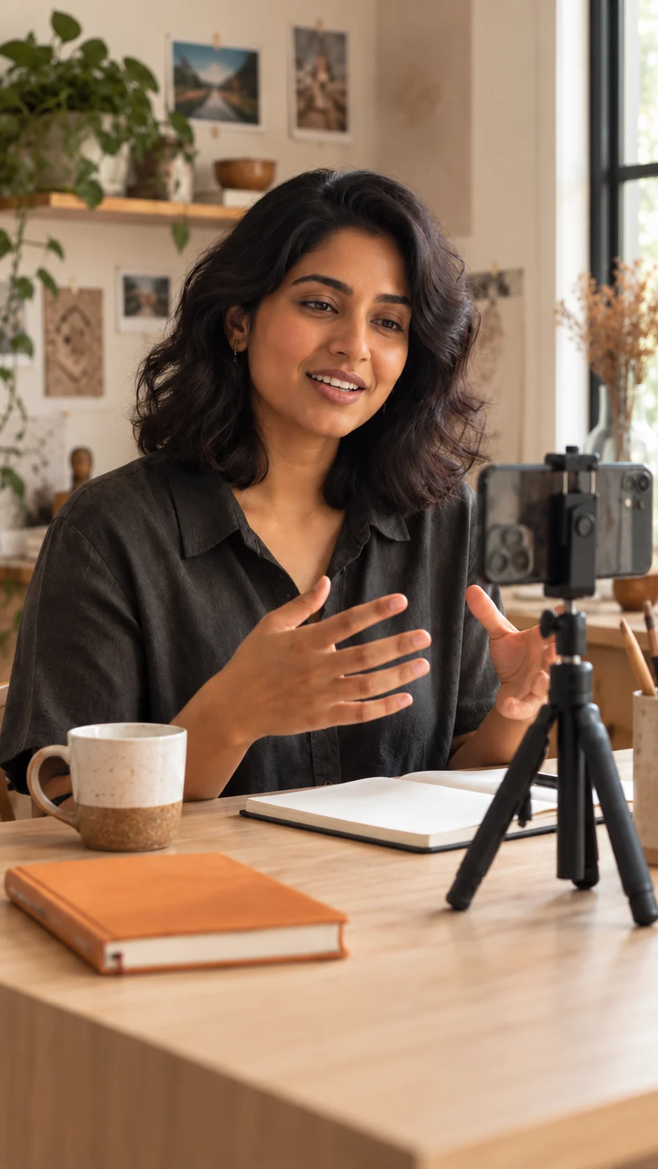 Illustrative photo of a business owner recording a video at her desk with a phone on a small tripod