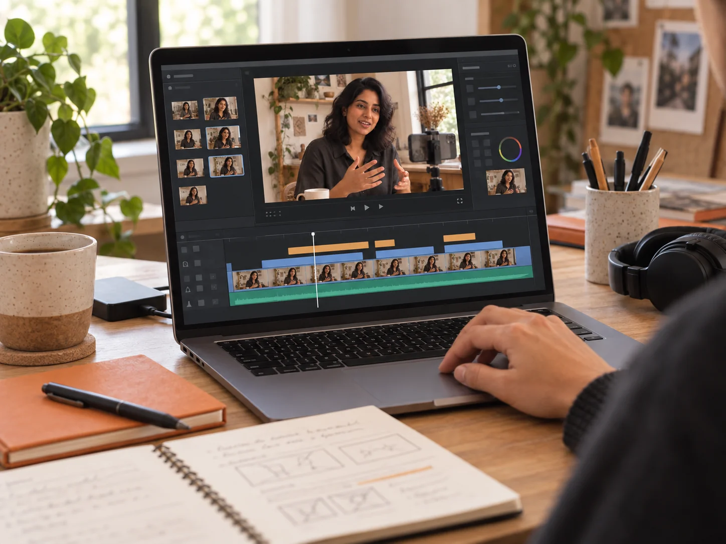 An editor shapes the recorded video on a laptop