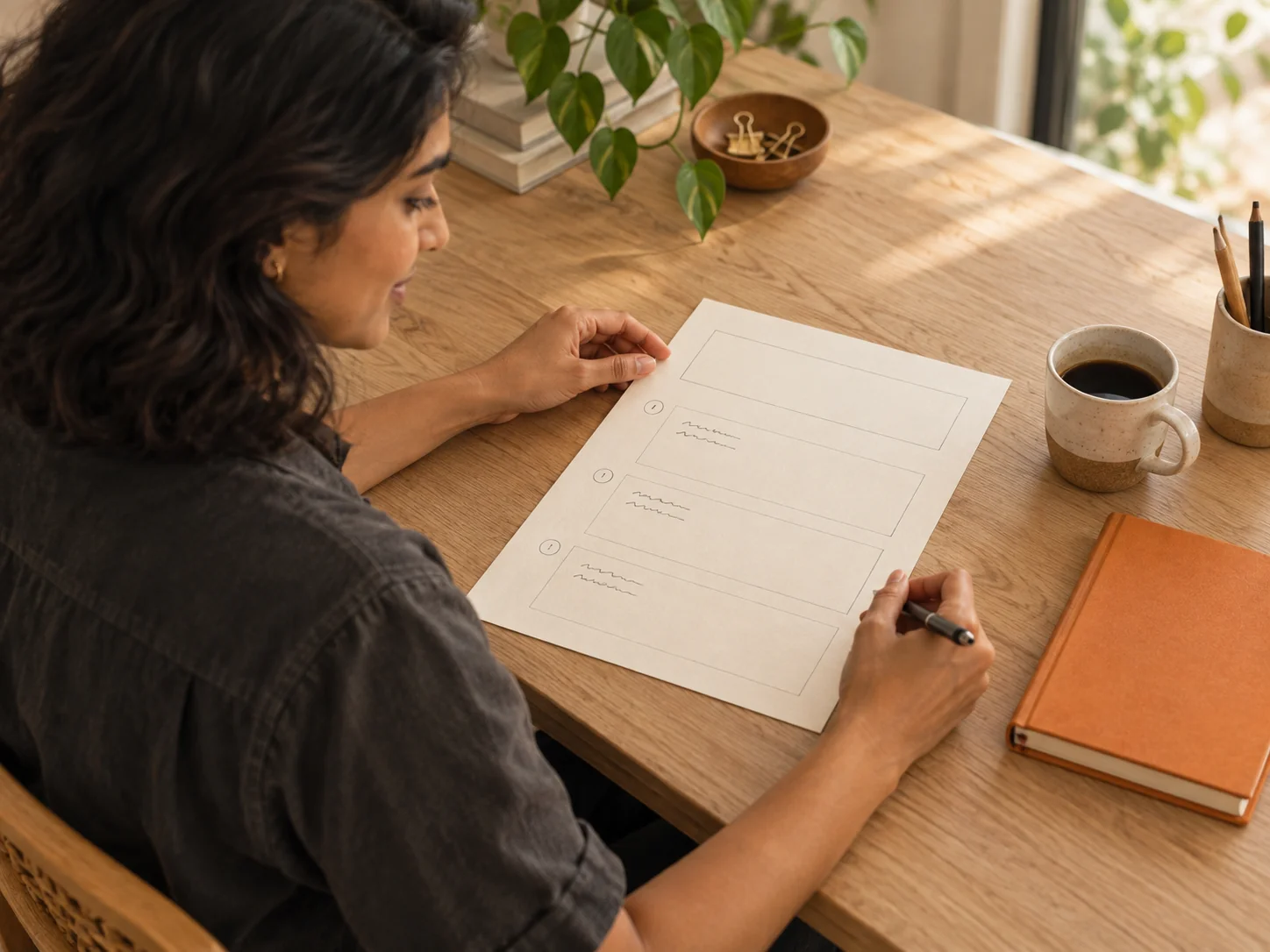 A business owner reviews a recording brief at her desk