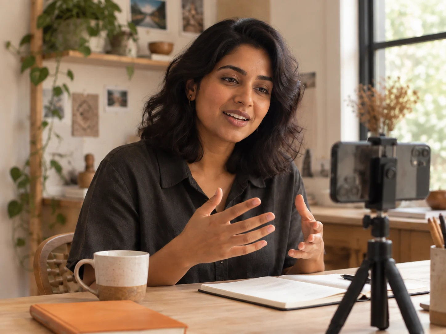 The business owner records a video using her phone and a small tripod