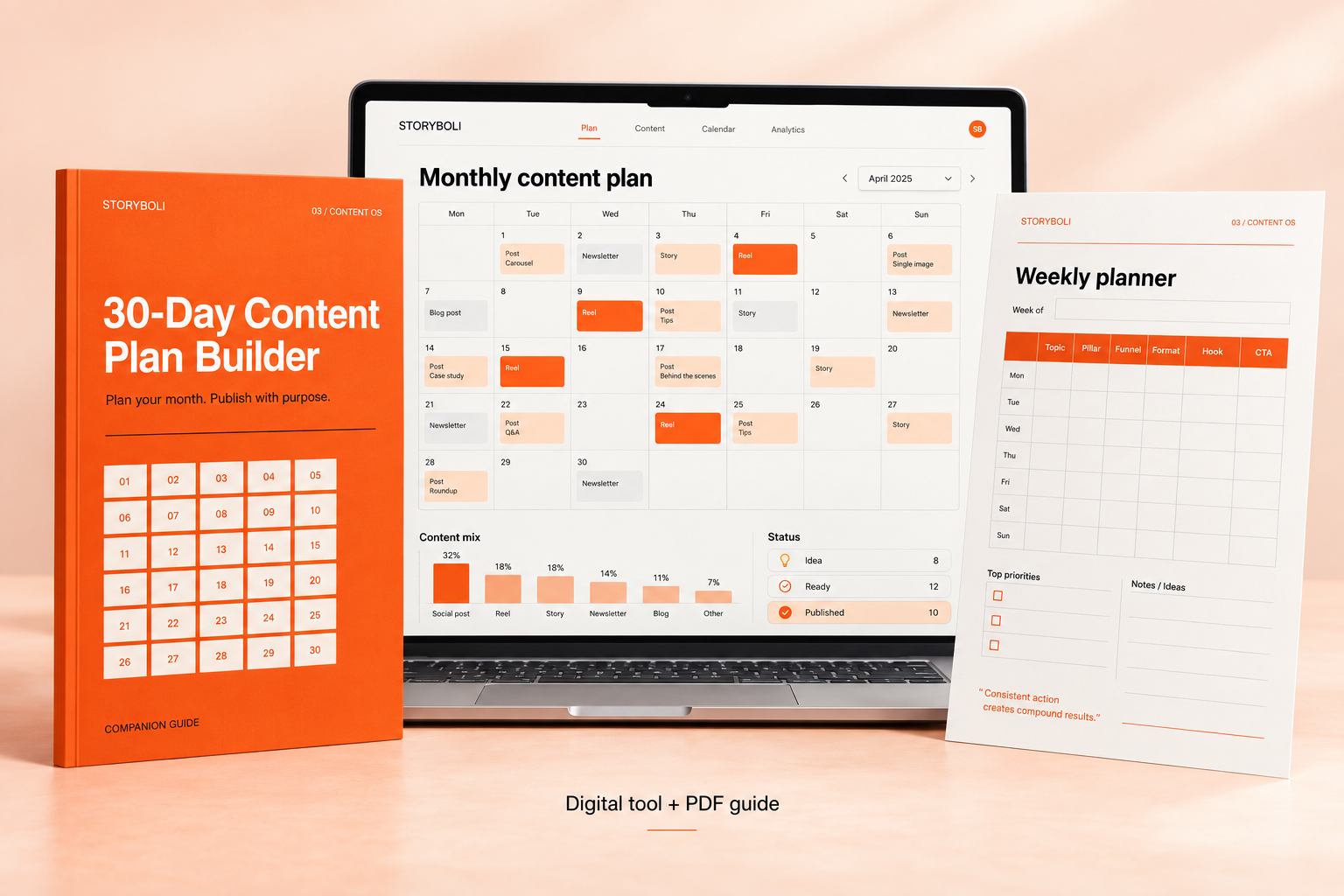 storyboli 30 day content plan builder Storyboli 30-Day Content Plan Builder — illustrative digital product mockup