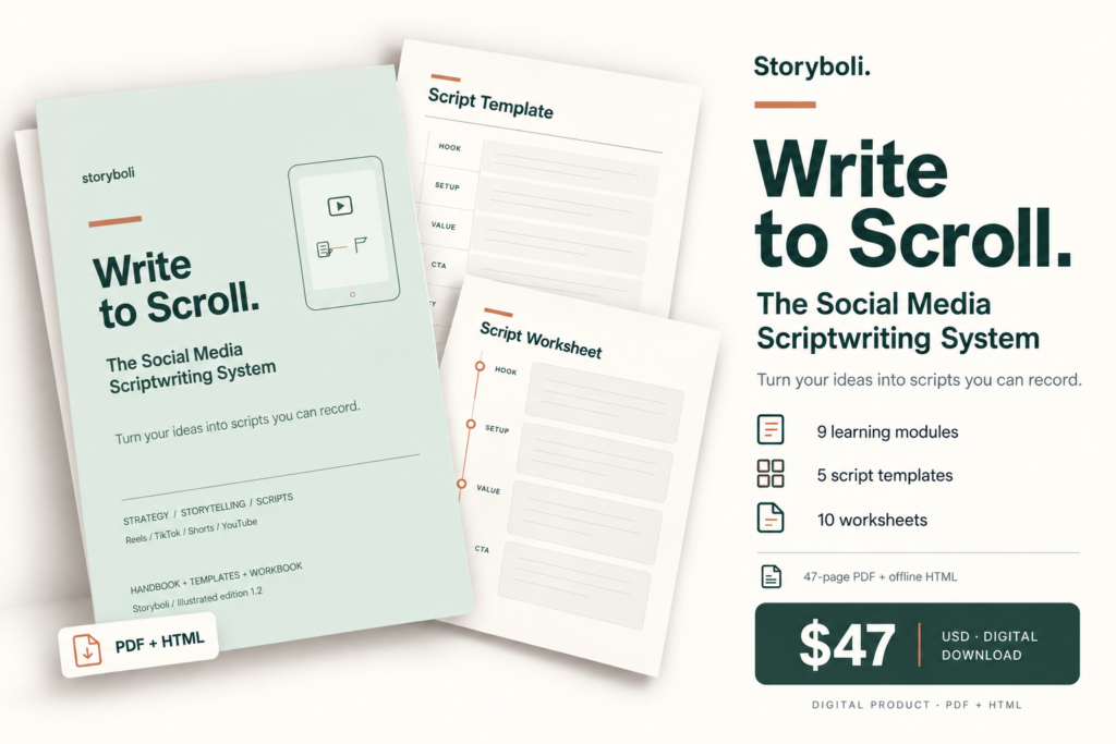 Write to Scroll: The Storyboli Social Media Scriptwriting System digital product artwork